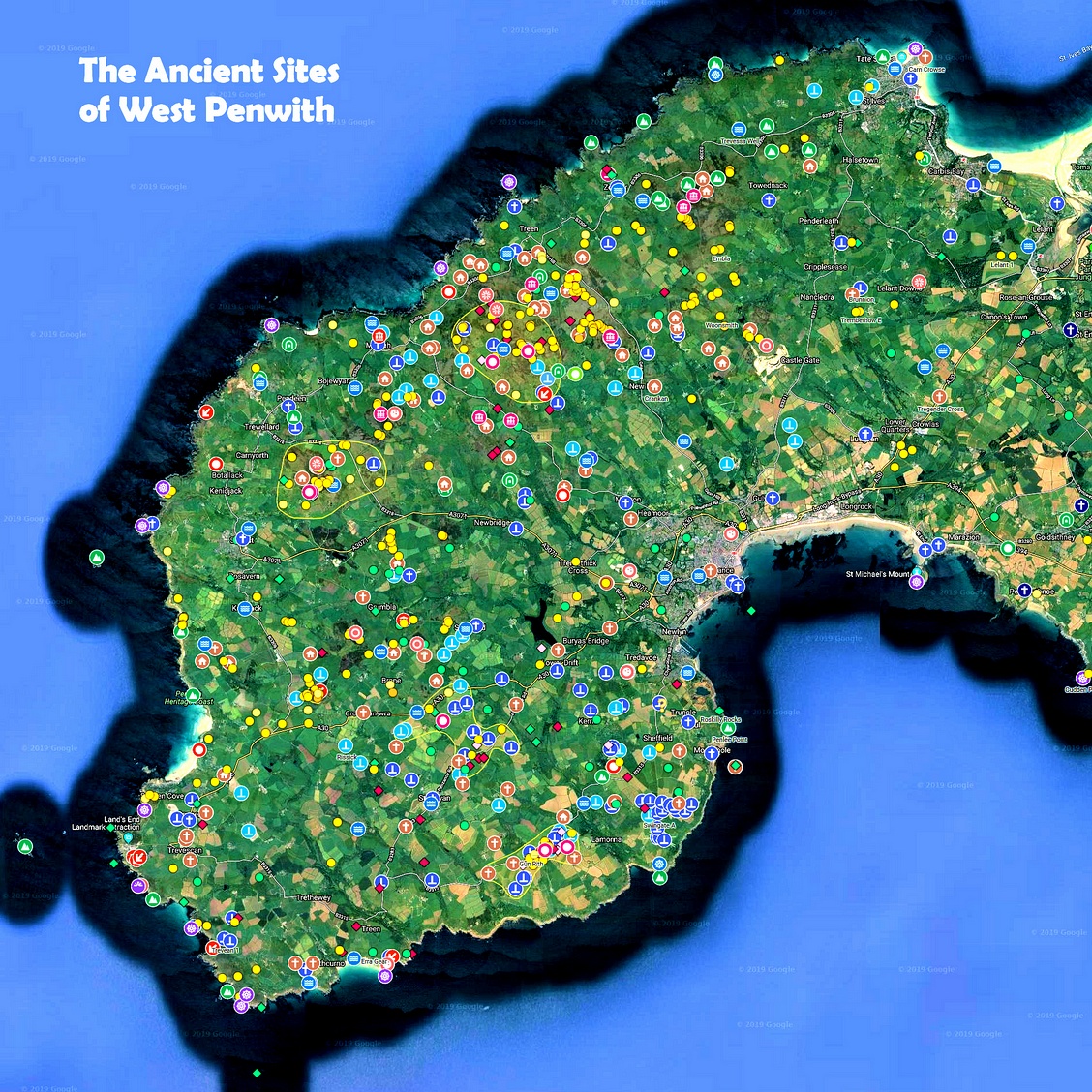 Map of the ancient sites of West Penwith, Cornwall