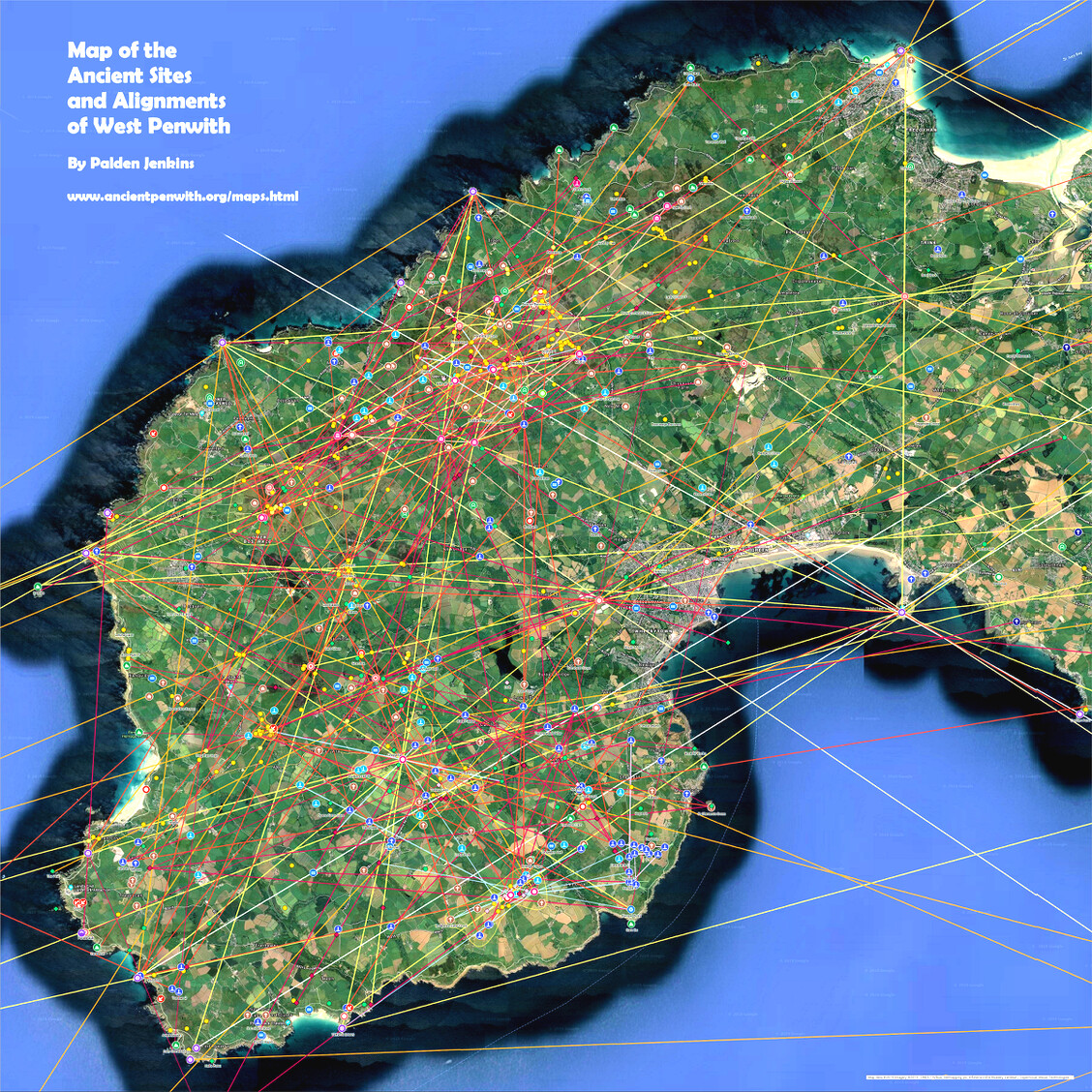 Map of ancient site alignments in West Penwith, Cornwall