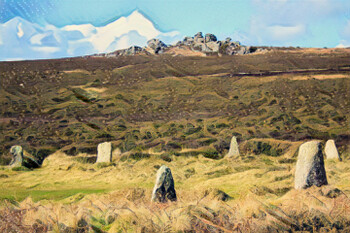 Tregeseal stone circle with Carn Kenidjack behind