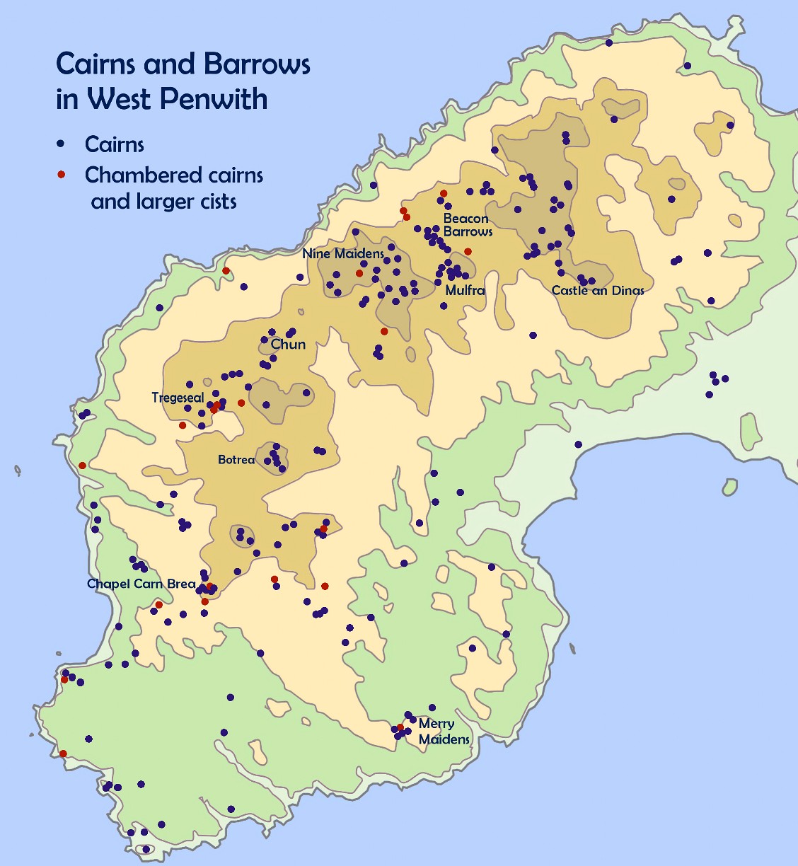 Map of Cairns and Barrows in West Penwith