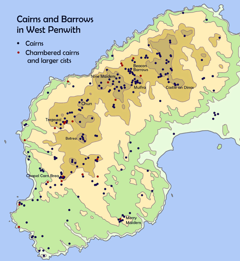 Map of cairns and barrows in West Penwith, Cornwall