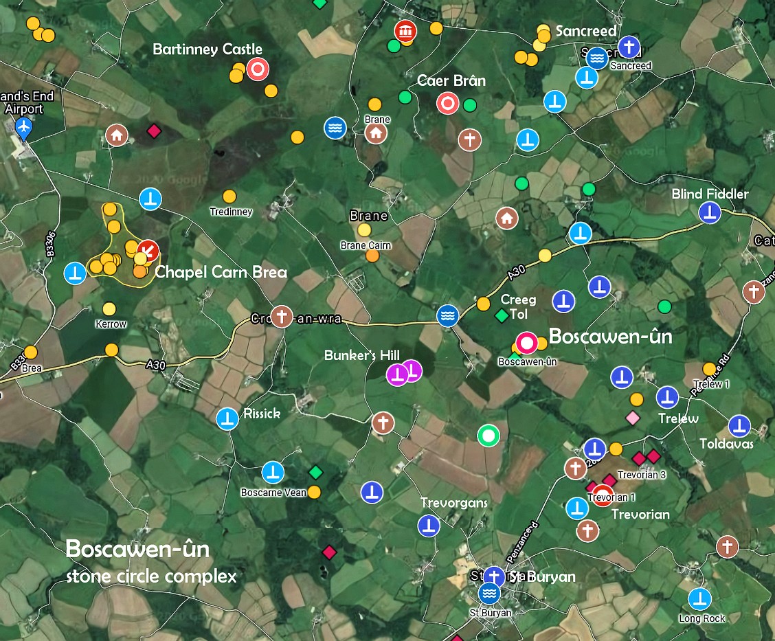 Map of the Boscawen-un stone circle complex
