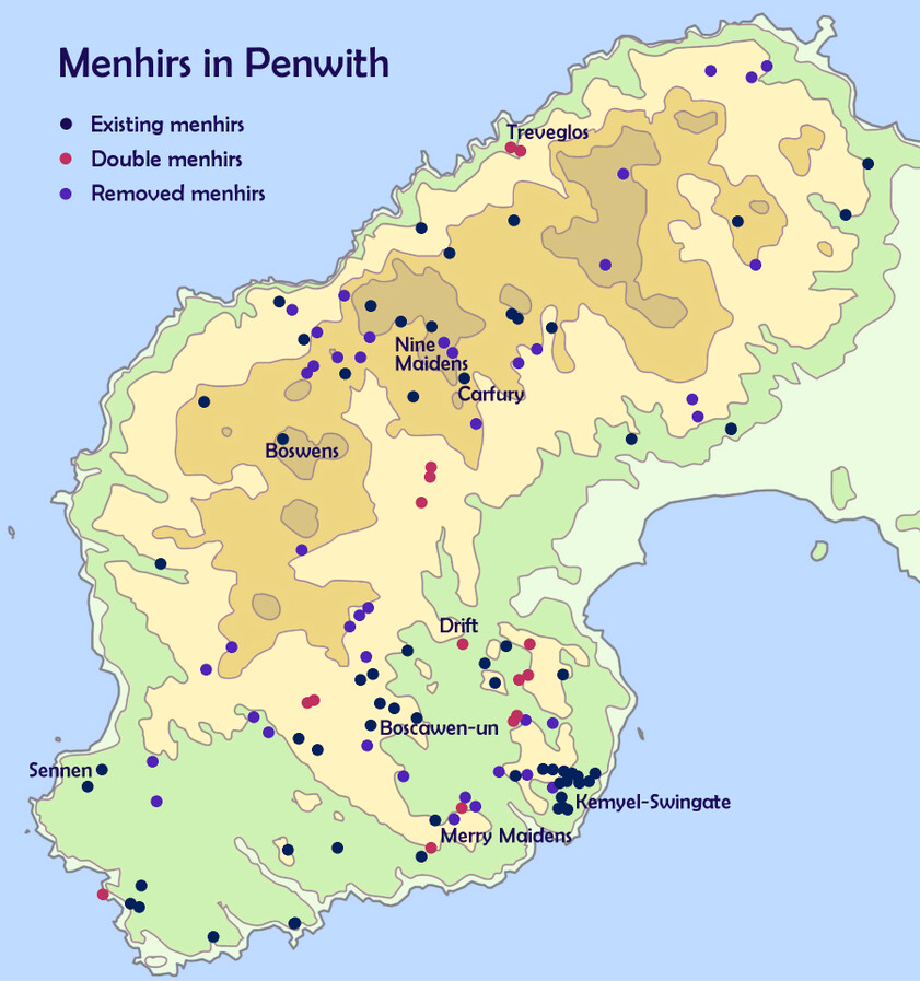 Map of menhirs in West Penwith