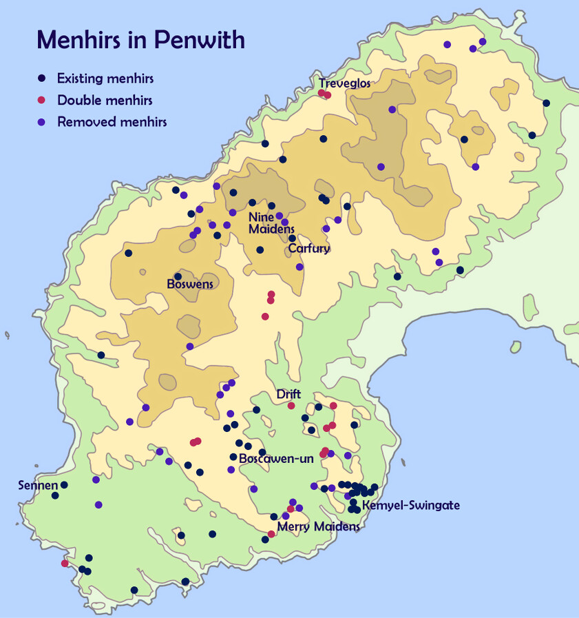 Map of menhirs in West Penwith
