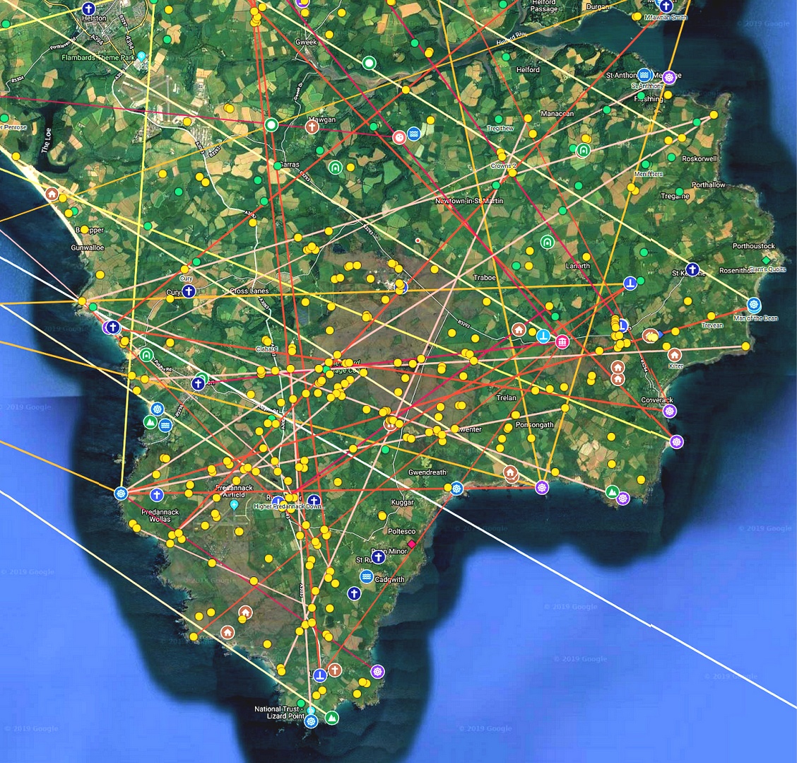 Map of ancient sites and alignments in the Lizard, West Cornwall