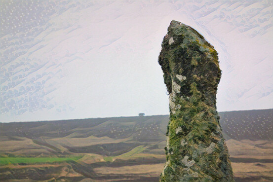 Boswens menhir with Chun Quoit behind