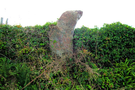 The newly discovered Seal Stone at Bosistow, pointing toward nearby seal caves between Carn Barra and Carn Les Boel